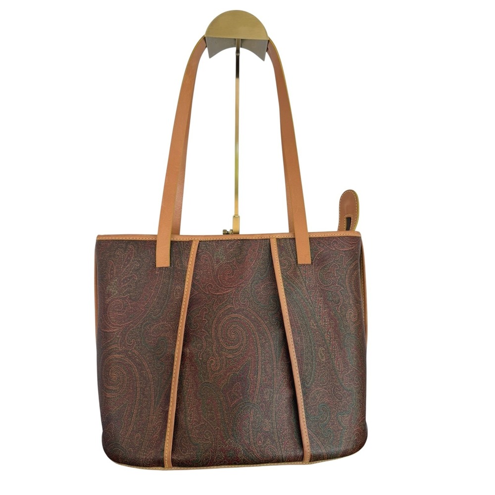 ETRO Milano Vintage Paisley Leather Trim Tote Bag Italy Nov 2000 Brown Burgundy